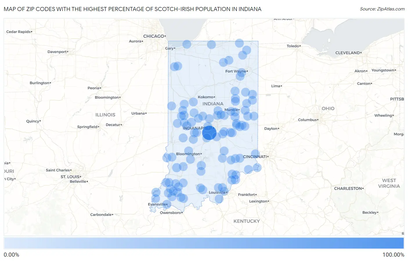 Zip Codes with the Highest Percentage of Scotch-Irish Population in Indiana Map