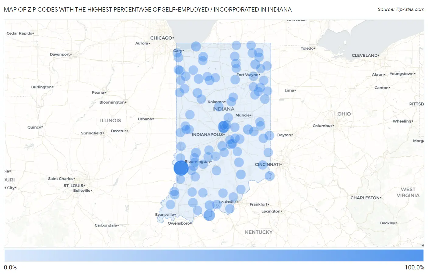 Zip Codes with the Highest Percentage of Self-Employed / Incorporated in Indiana Map