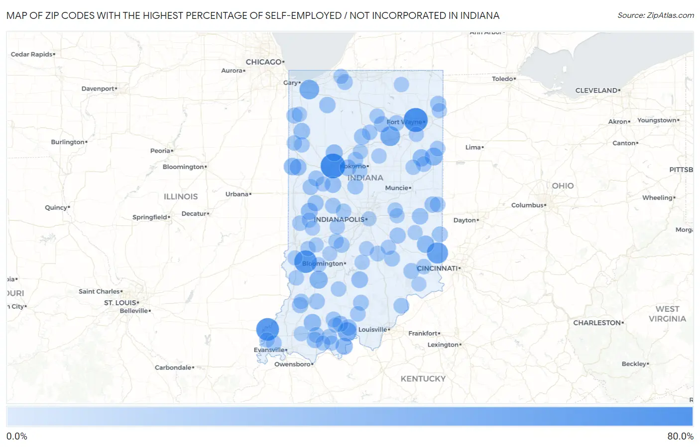 Zip Codes with the Highest Percentage of Self-Employed / Not Incorporated in Indiana Map
