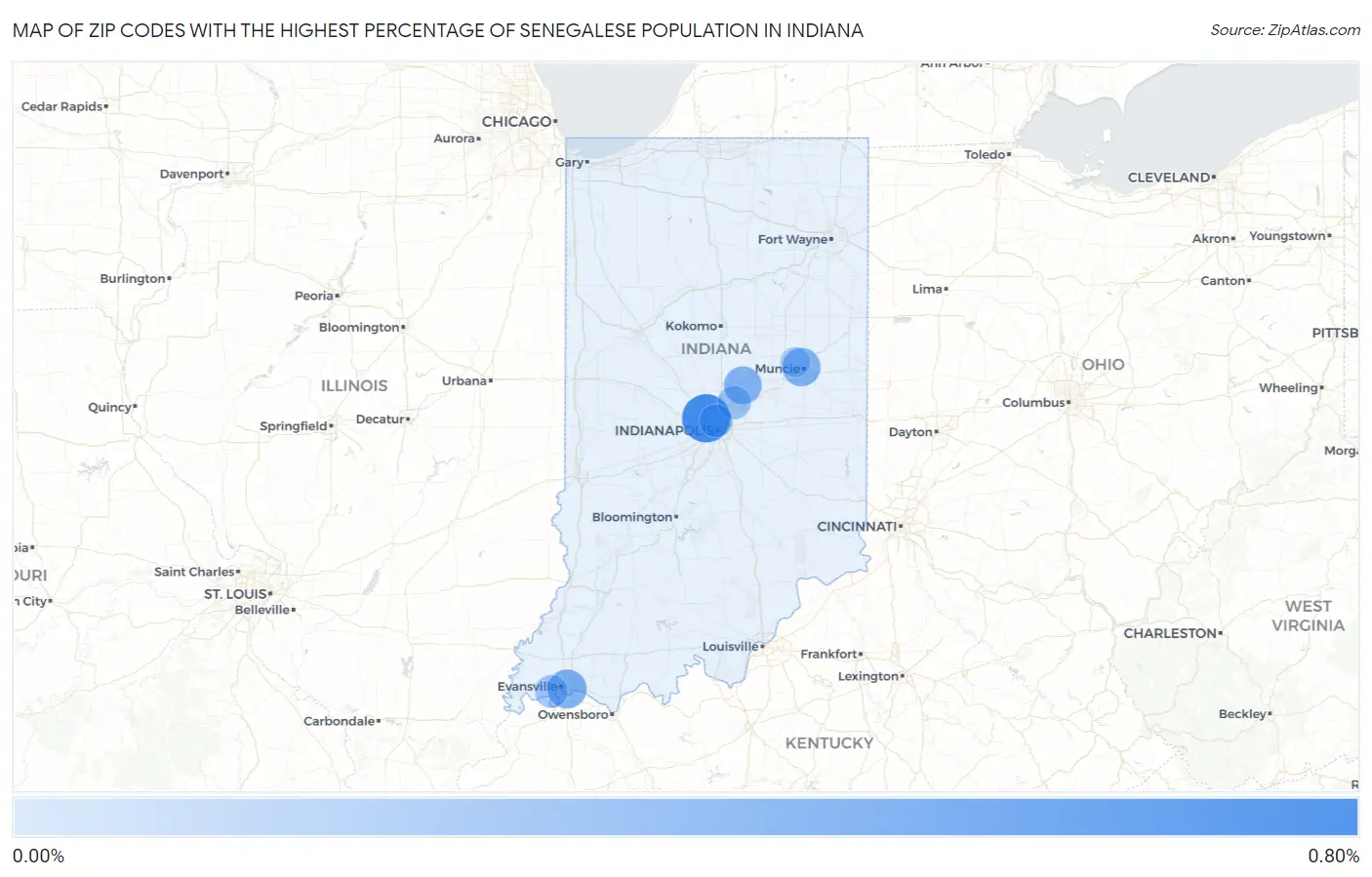 Zip Codes with the Highest Percentage of Senegalese Population in Indiana Map