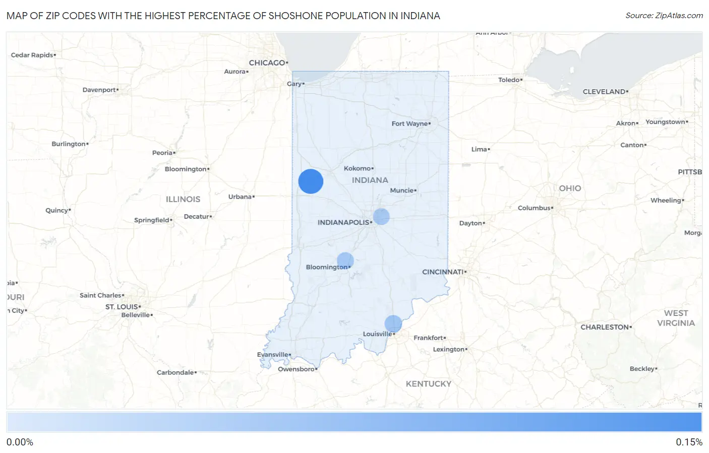 Zip Codes with the Highest Percentage of Shoshone Population in Indiana Map