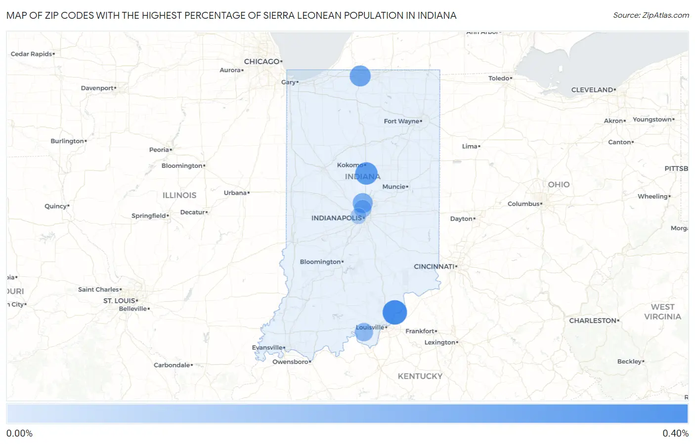 Zip Codes with the Highest Percentage of Sierra Leonean Population in Indiana Map