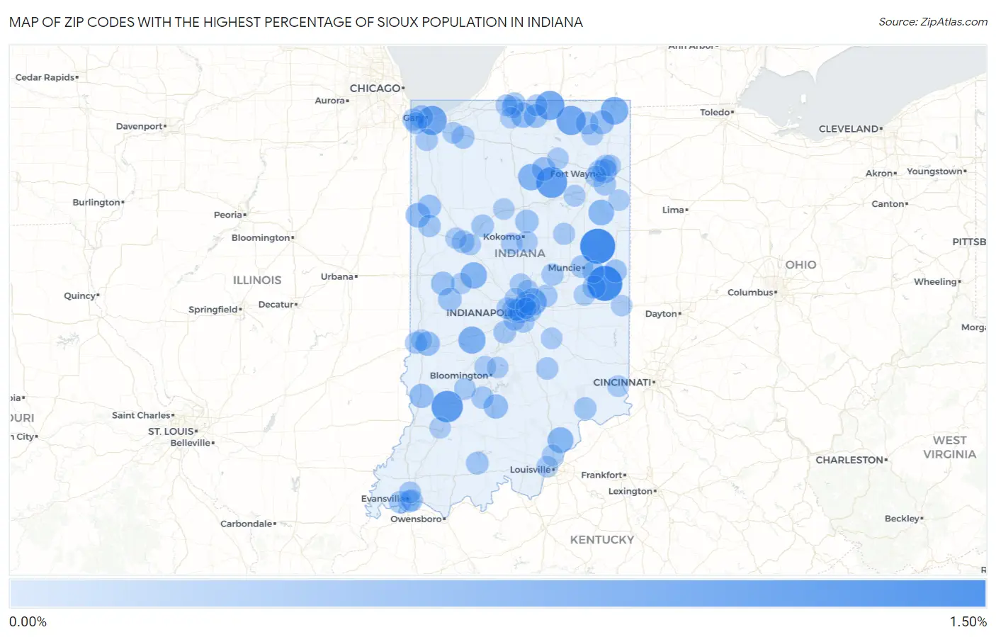 Zip Codes with the Highest Percentage of Sioux Population in Indiana Map