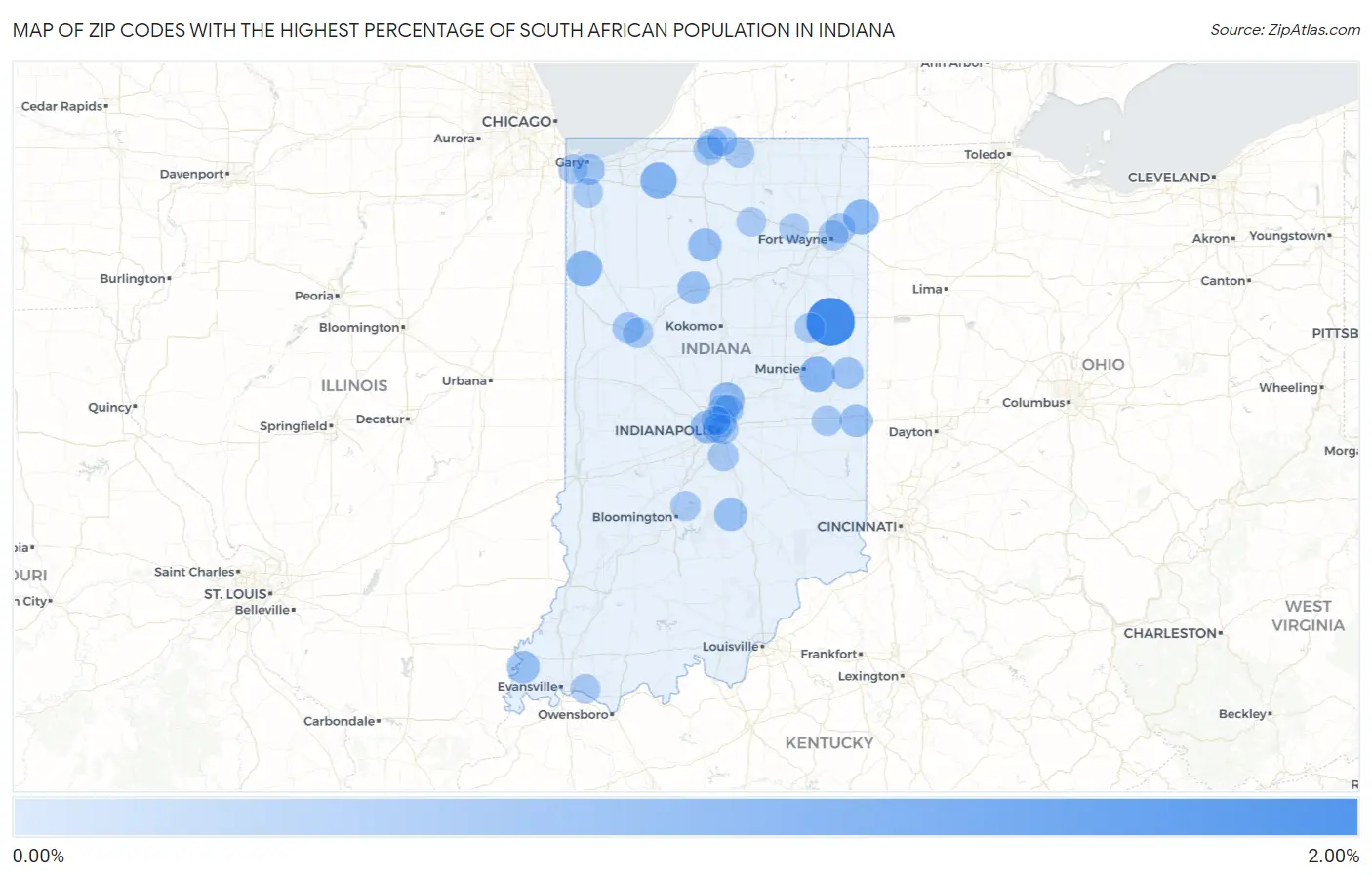 Zip Codes with the Highest Percentage of South African Population in Indiana Map