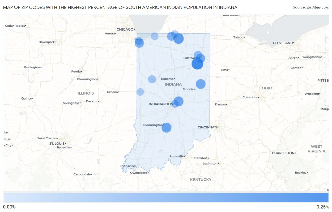 Zip Codes with the Highest Percentage of South American Indian Population in Indiana Map