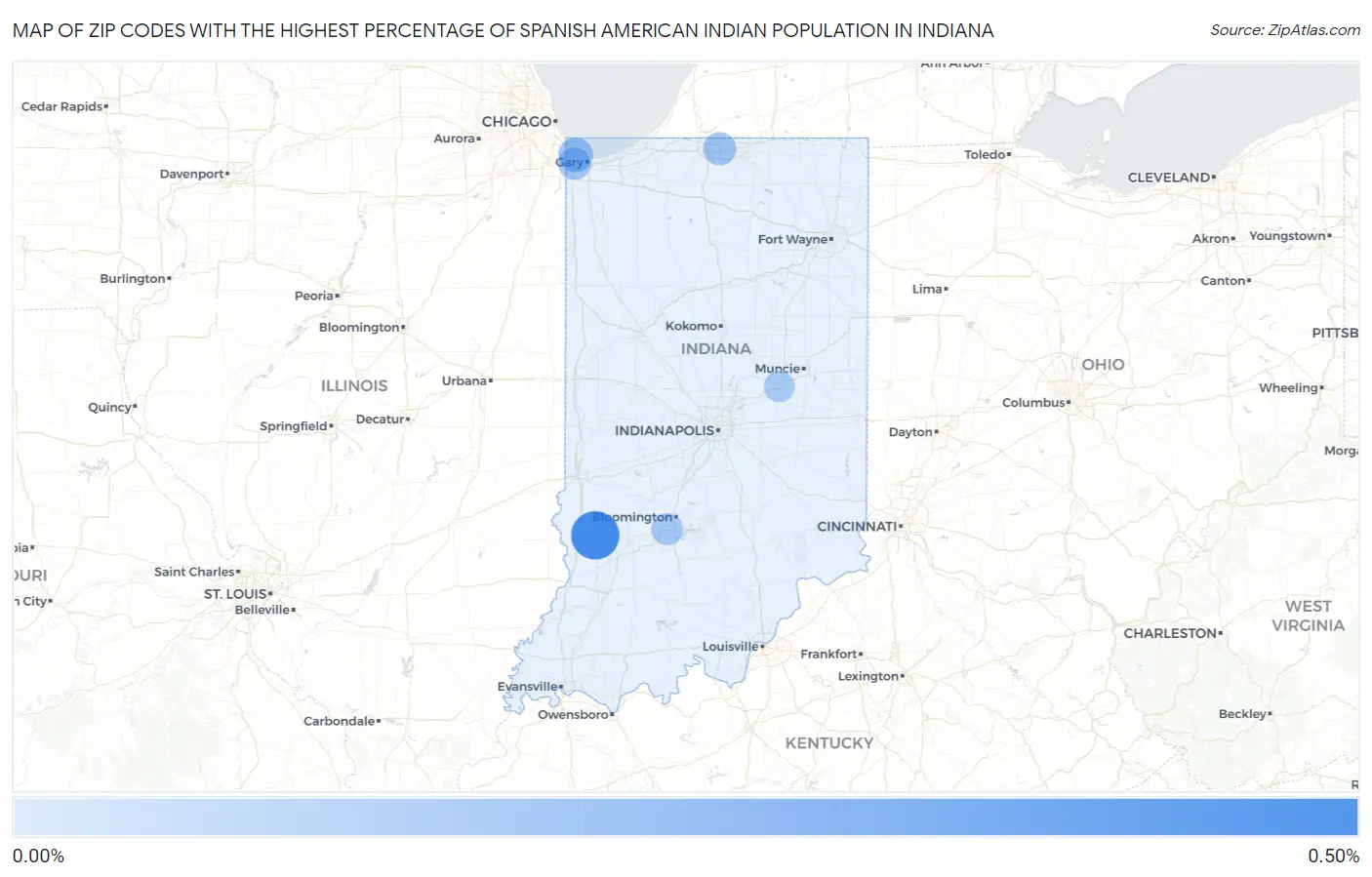 Zip Codes with the Highest Percentage of Spanish American Indian Population in Indiana Map