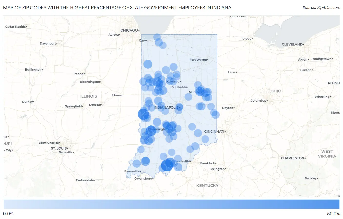 Zip Codes with the Highest Percentage of State Government Employees in Indiana Map