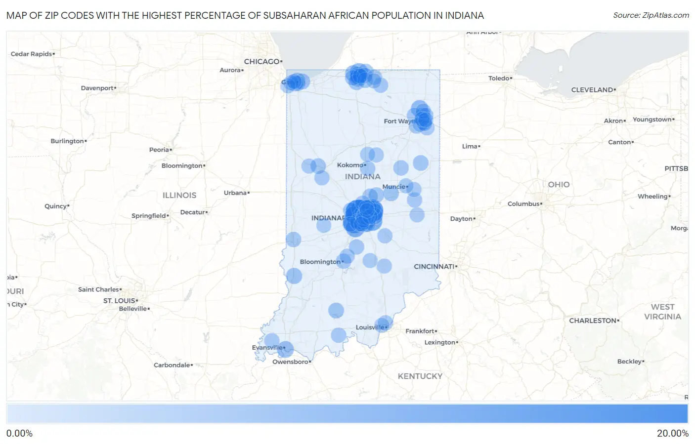 Zip Codes with the Highest Percentage of Subsaharan African Population in Indiana Map
