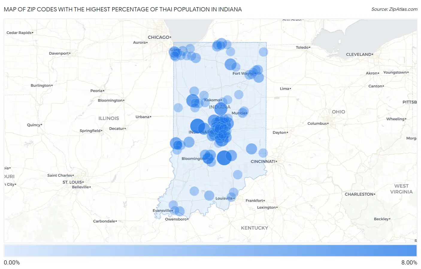 Zip Codes with the Highest Percentage of Thai Population in Indiana Map