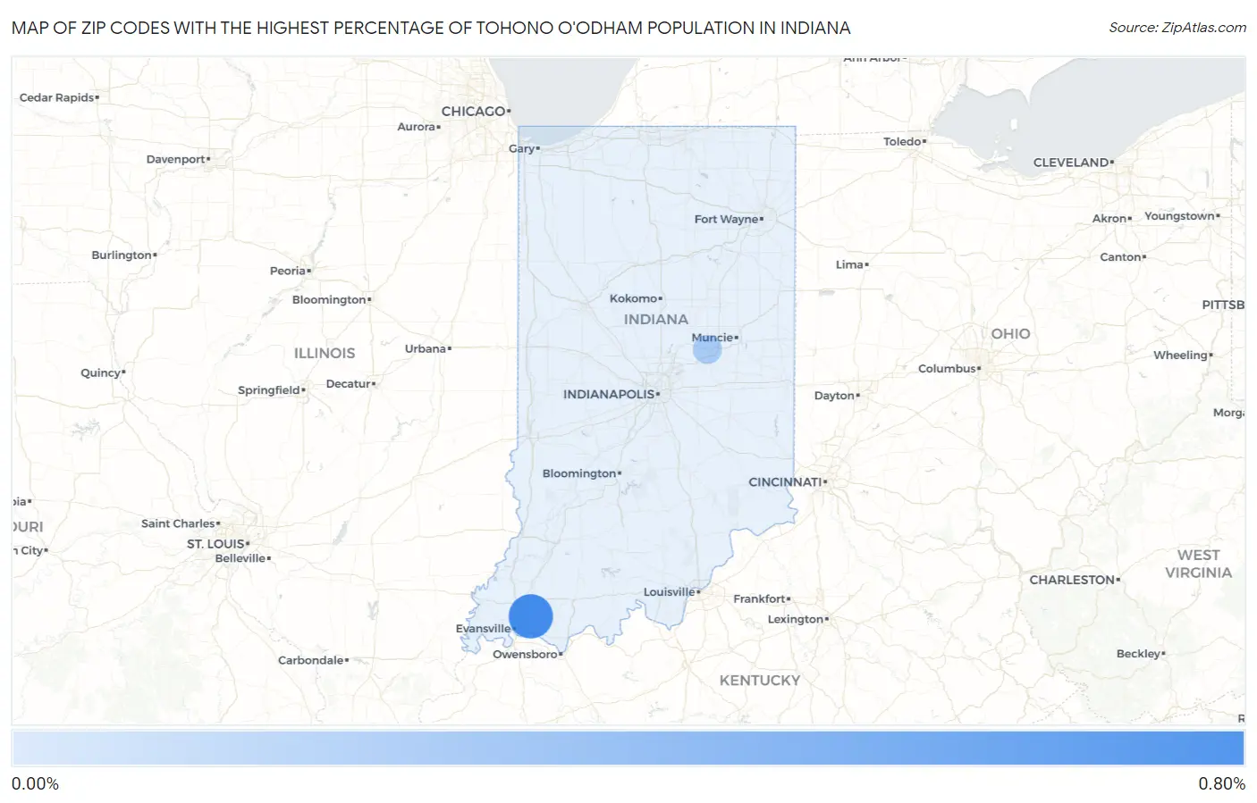 Zip Codes with the Highest Percentage of Tohono O'Odham Population in Indiana Map