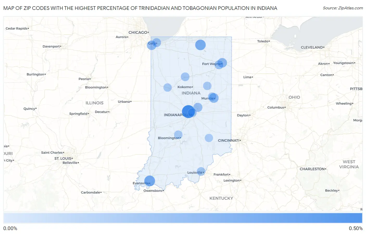 Zip Codes with the Highest Percentage of Trinidadian and Tobagonian Population in Indiana Map