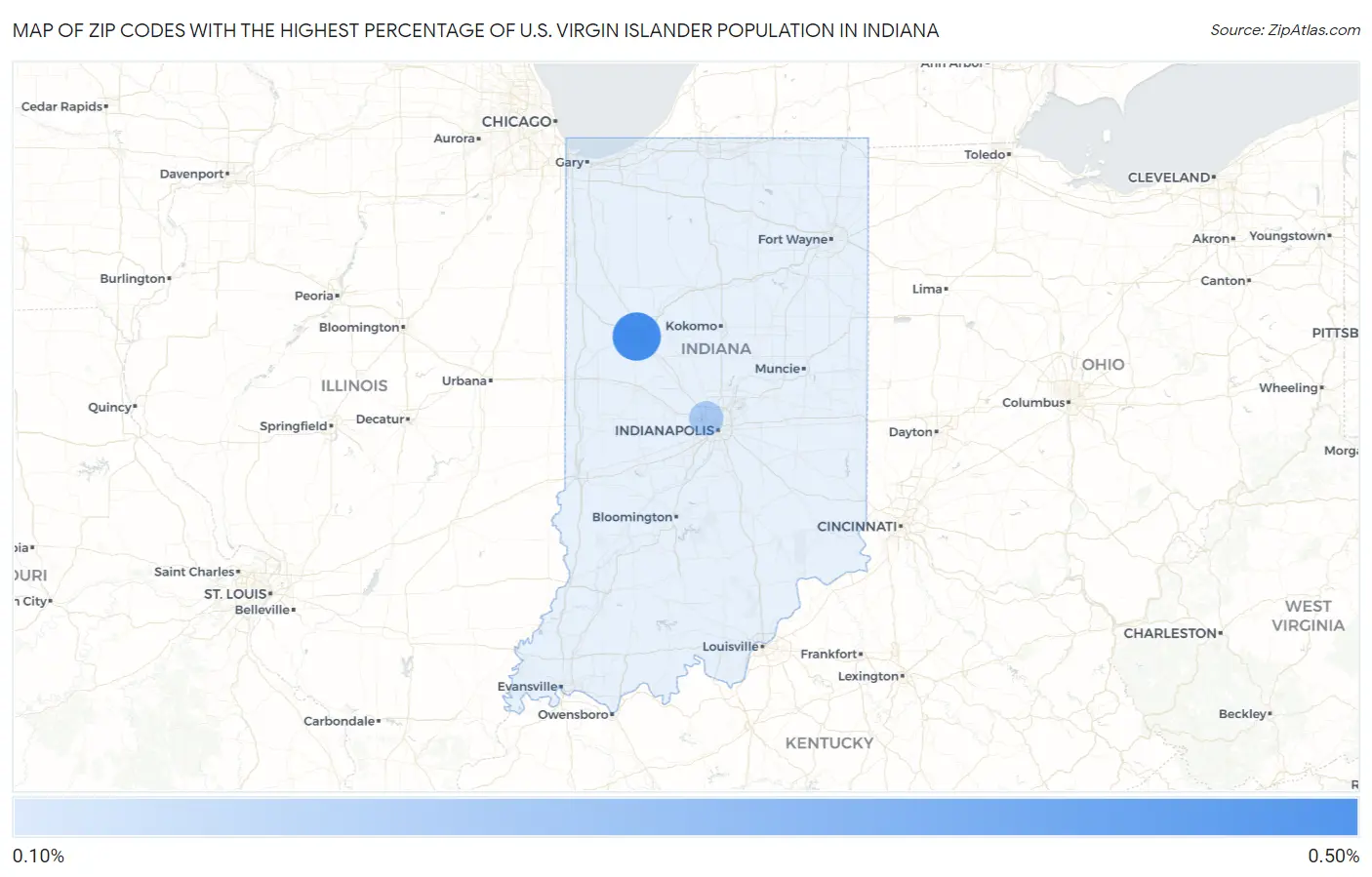 Zip Codes with the Highest Percentage of U.S. Virgin Islander Population in Indiana Map