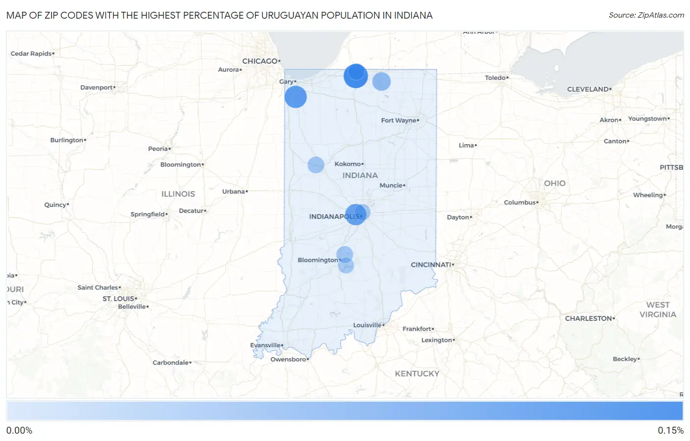 Zip Codes with the Highest Percentage of Uruguayan Population in Indiana Map