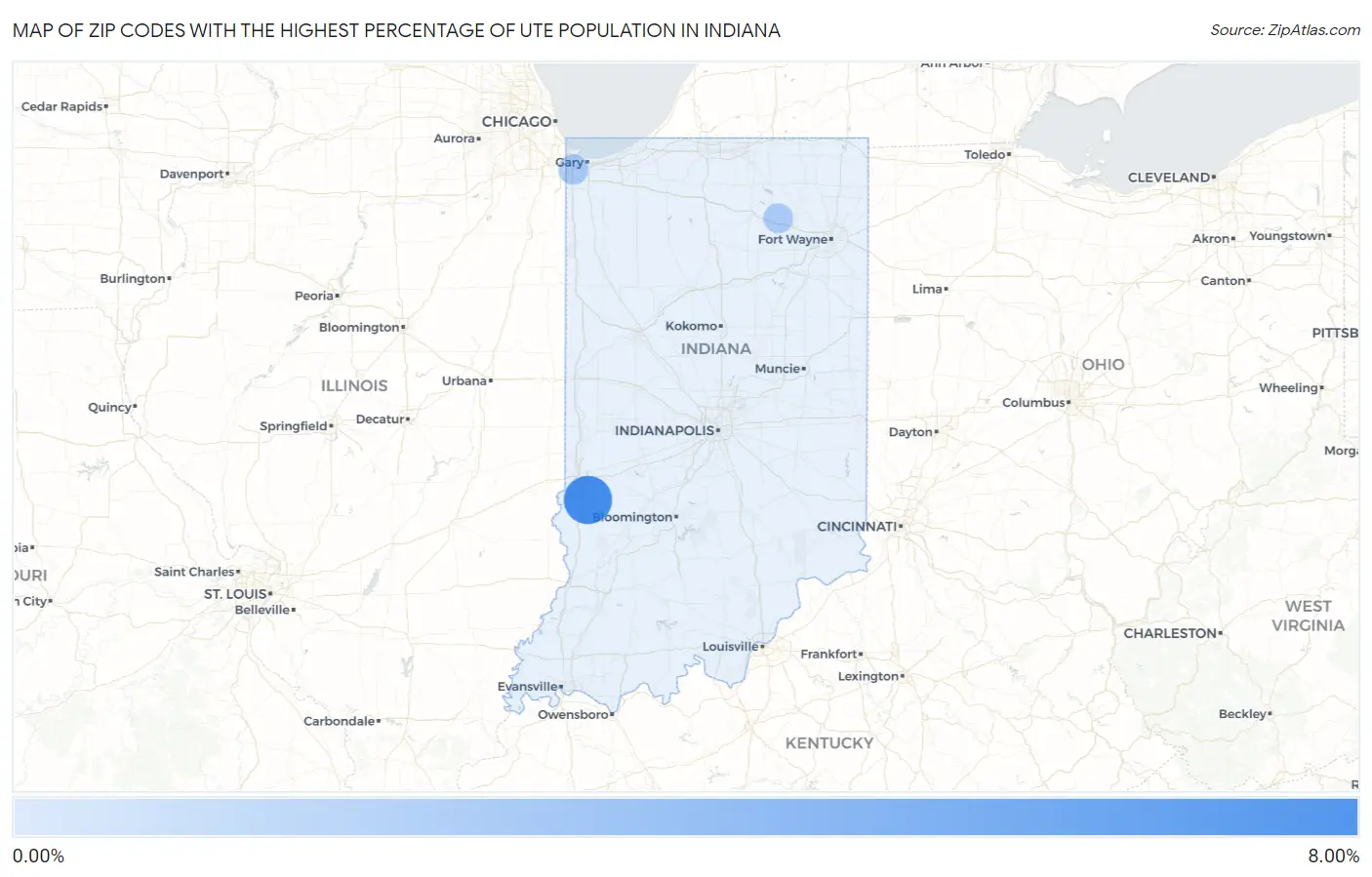 Zip Codes with the Highest Percentage of Ute Population in Indiana Map