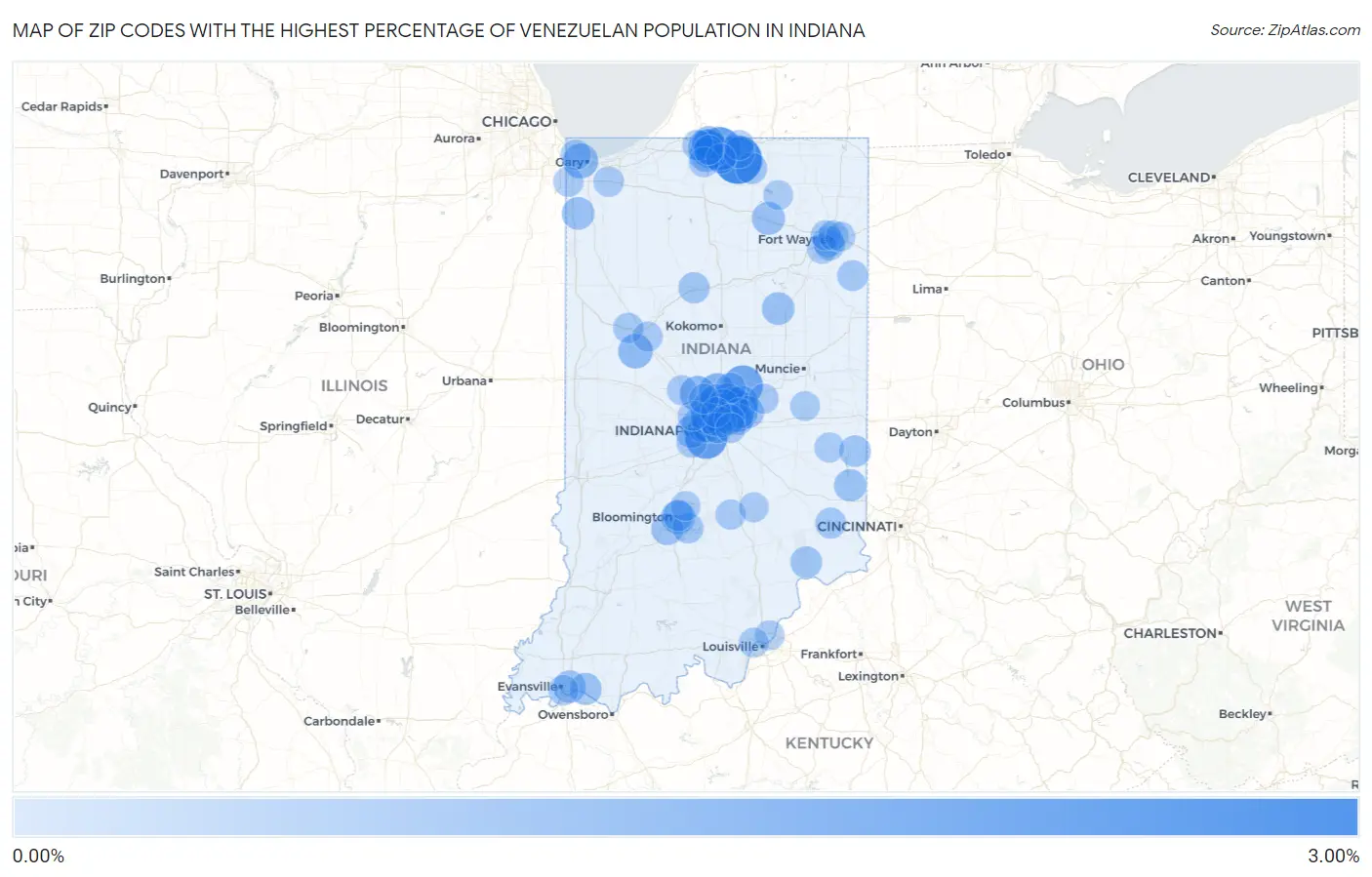 Zip Codes with the Highest Percentage of Venezuelan Population in Indiana Map