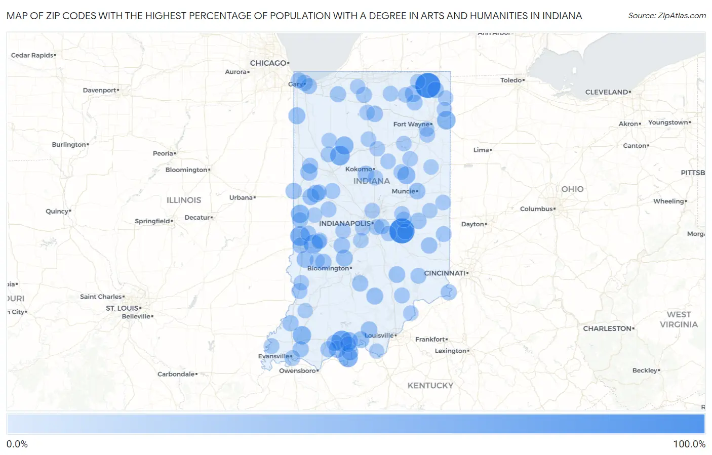 Zip Codes with the Highest Percentage of Population with a Degree in Arts and Humanities in Indiana Map