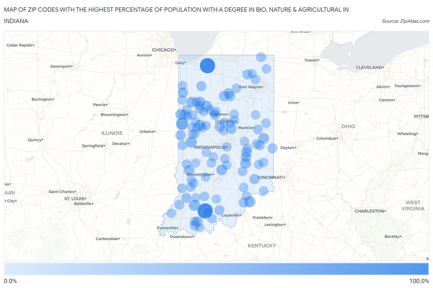 Zip Codes with the Highest Percentage of Population with a Degree in Bio, Nature & Agricultural in Indiana Map