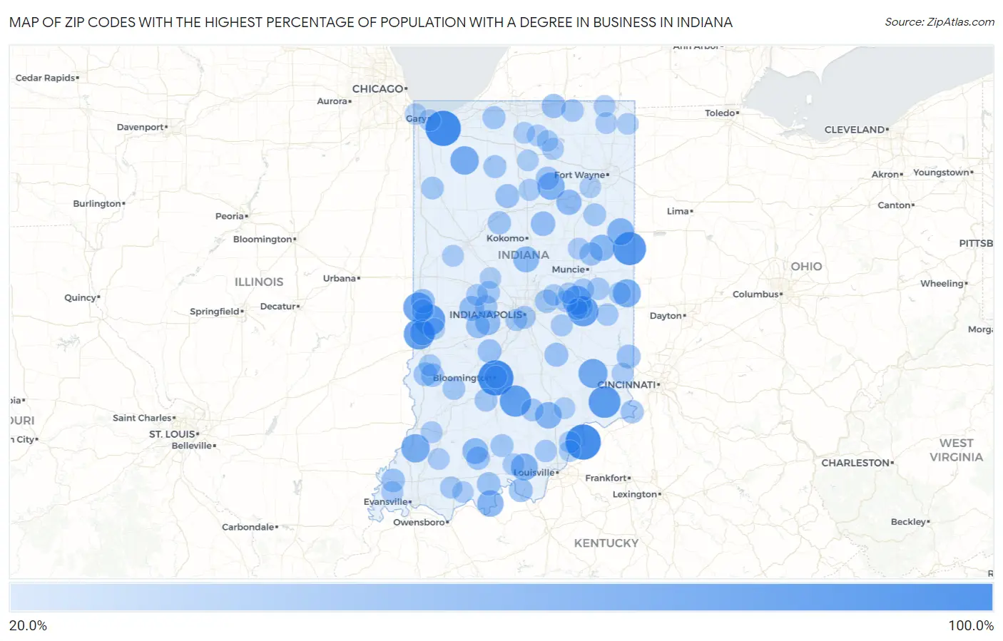 Zip Codes with the Highest Percentage of Population with a Degree in Business in Indiana Map