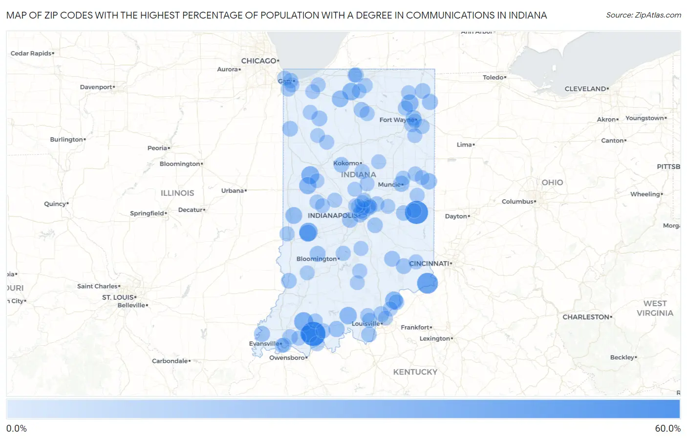 Zip Codes with the Highest Percentage of Population with a Degree in Communications in Indiana Map