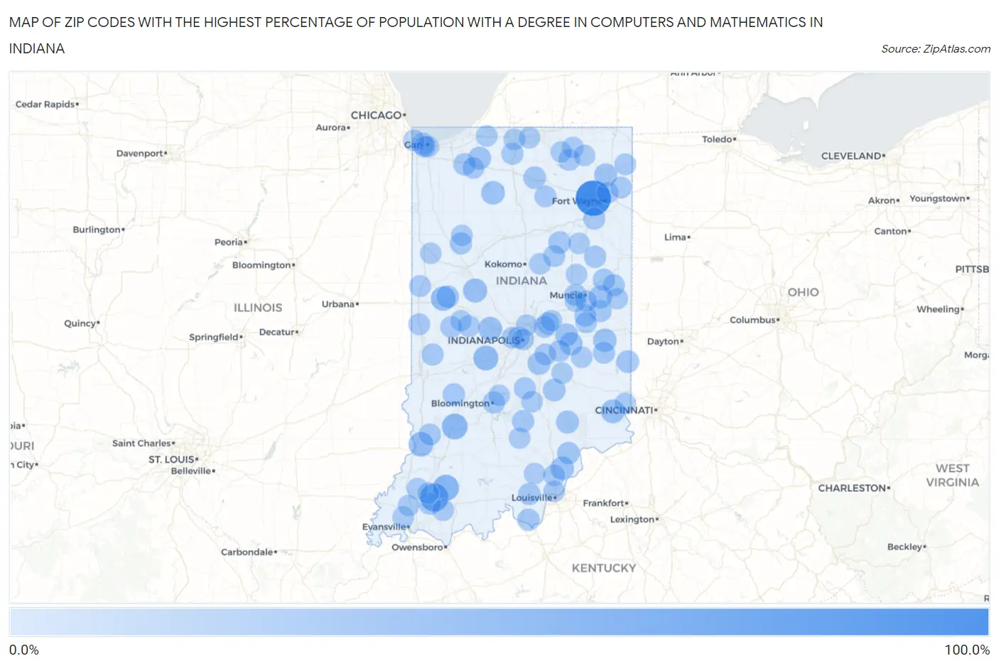 Zip Codes with the Highest Percentage of Population with a Degree in Computers and Mathematics in Indiana Map