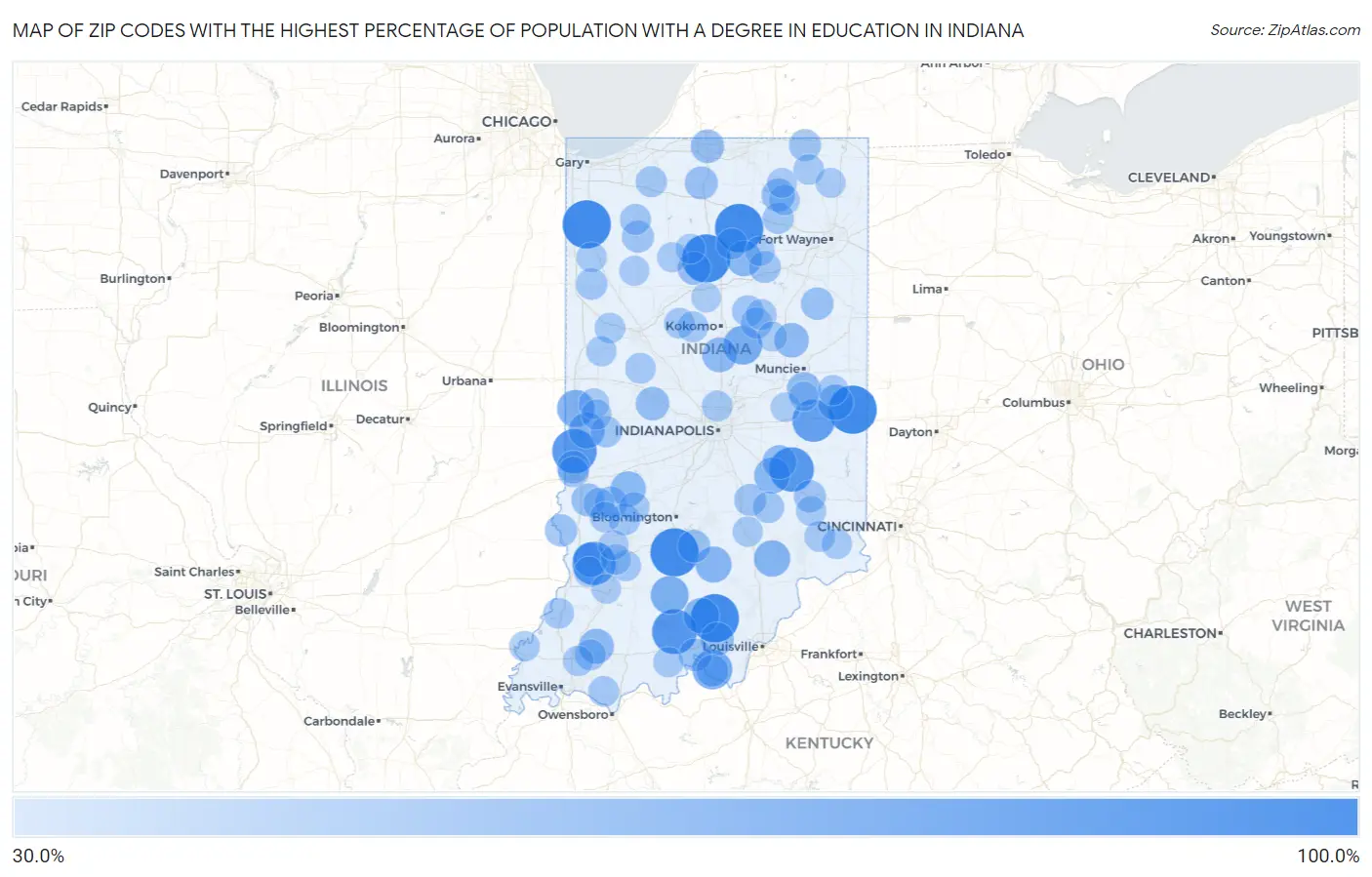 Zip Codes with the Highest Percentage of Population with a Degree in Education in Indiana Map