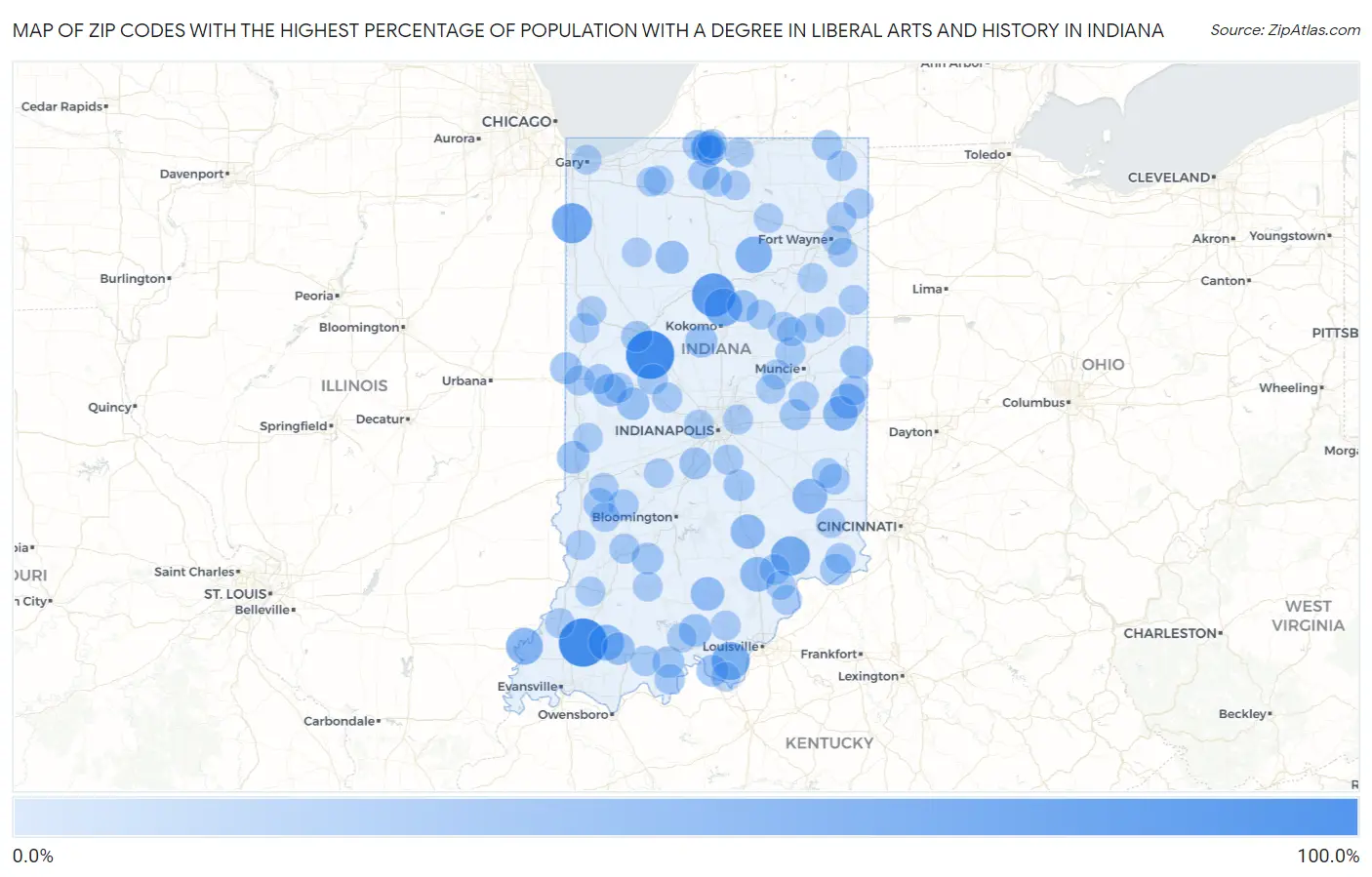 Zip Codes with the Highest Percentage of Population with a Degree in Liberal Arts and History in Indiana Map