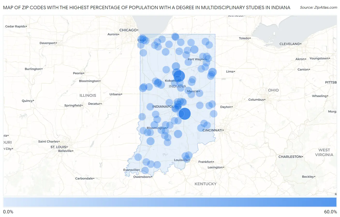 Zip Codes with the Highest Percentage of Population with a Degree in Multidisciplinary Studies in Indiana Map