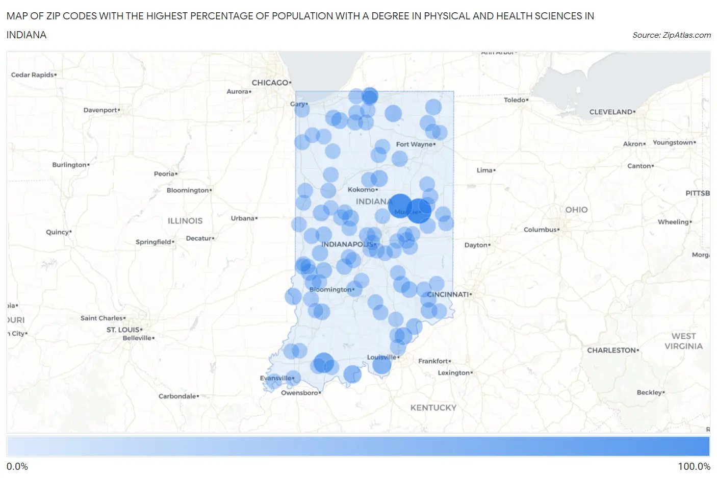 Zip Codes with the Highest Percentage of Population with a Degree in Physical and Health Sciences in Indiana Map