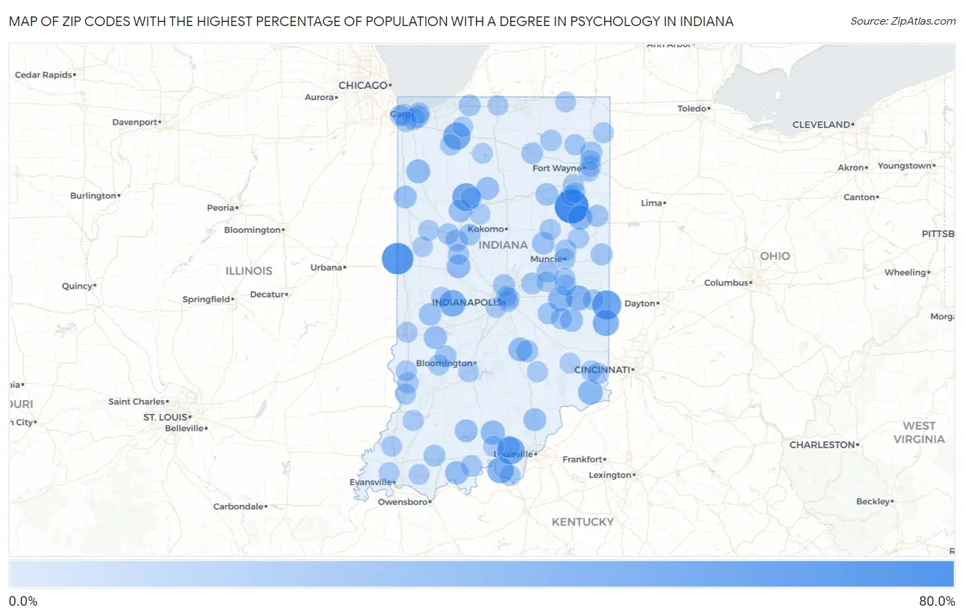 Zip Codes with the Highest Percentage of Population with a Degree in Psychology in Indiana Map