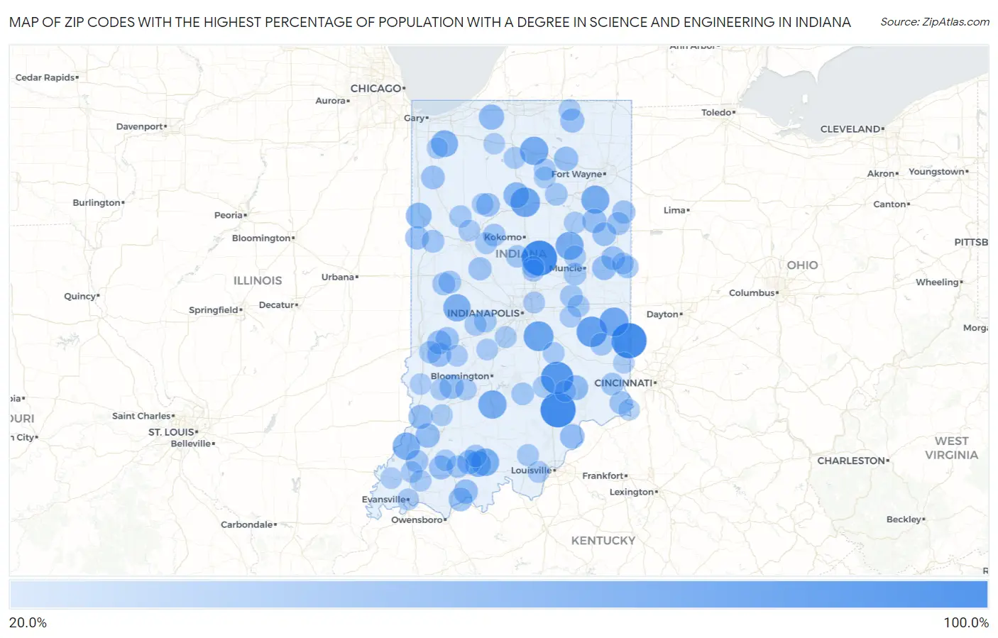 Zip Codes with the Highest Percentage of Population with a Degree in Science and Engineering in Indiana Map