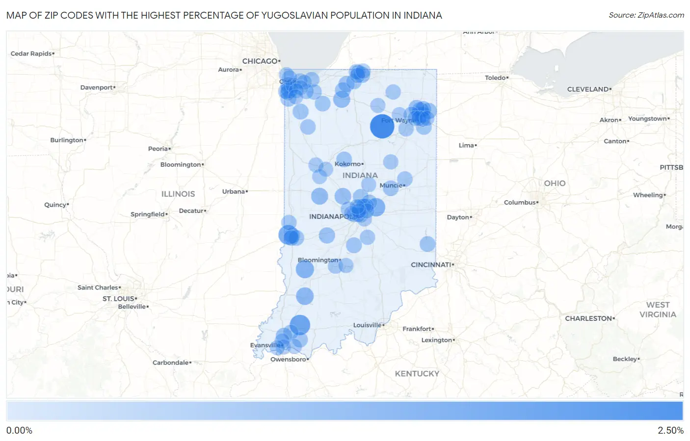 Zip Codes with the Highest Percentage of Yugoslavian Population in Indiana Map
