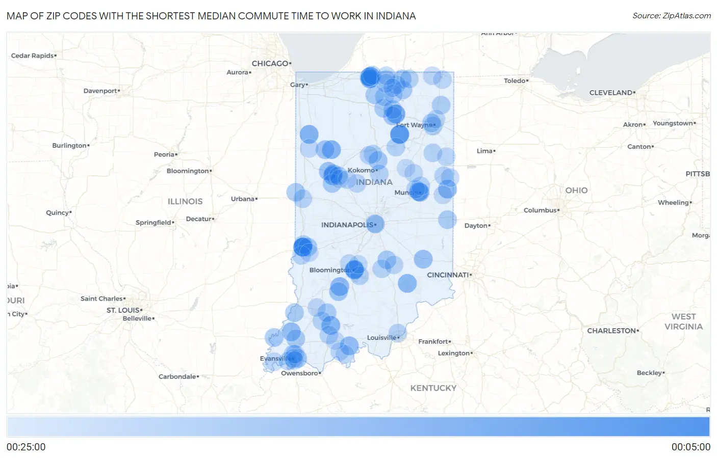 Zip Codes with the Shortest Median Commute Time to Work in Indiana Map