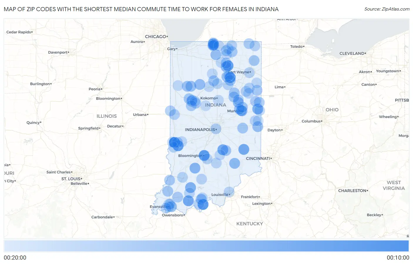 Zip Codes with the Shortest Median Commute Time to Work for Females in Indiana Map