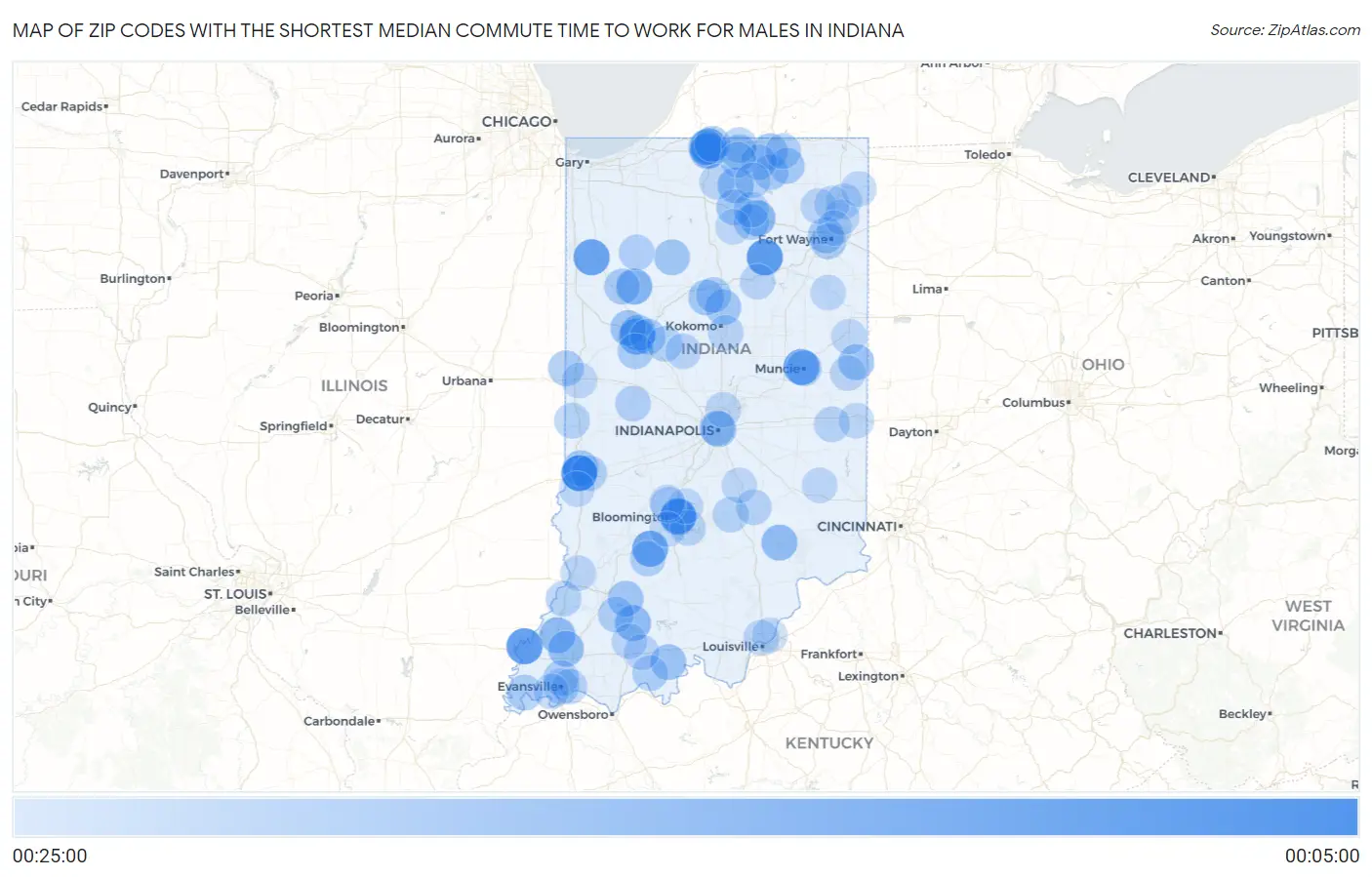 Zip Codes with the Shortest Median Commute Time to Work for Males in Indiana Map