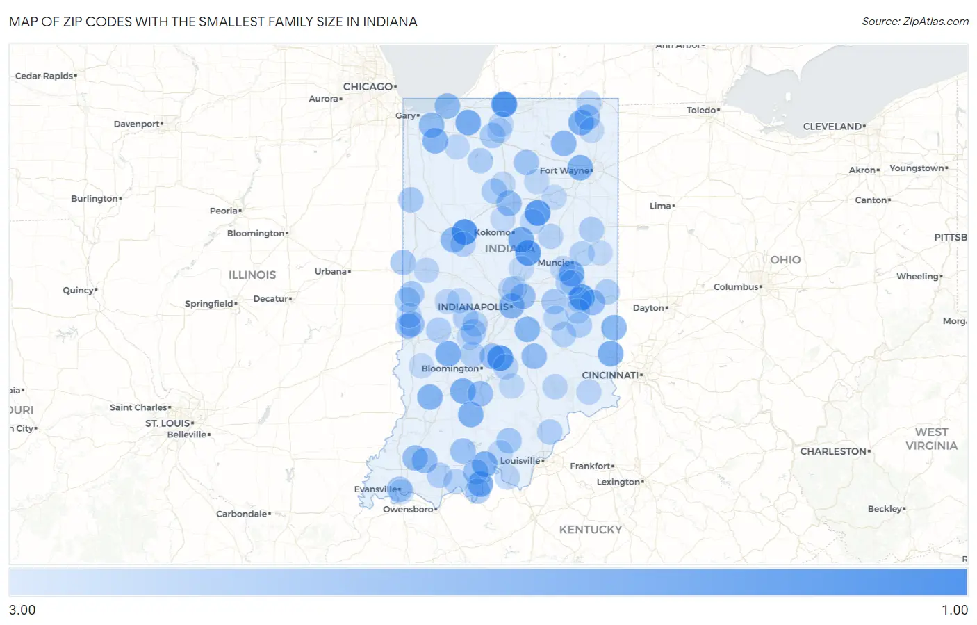 Zip Codes with the Smallest Family Size in Indiana Map