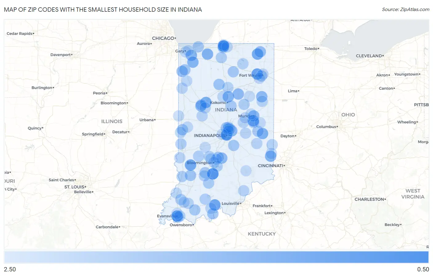 Zip Codes with the Smallest Household Size in Indiana Map