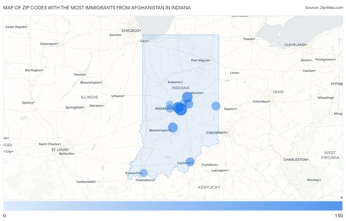 Zip Codes with the Most Immigrants from Afghanistan in Indiana Map