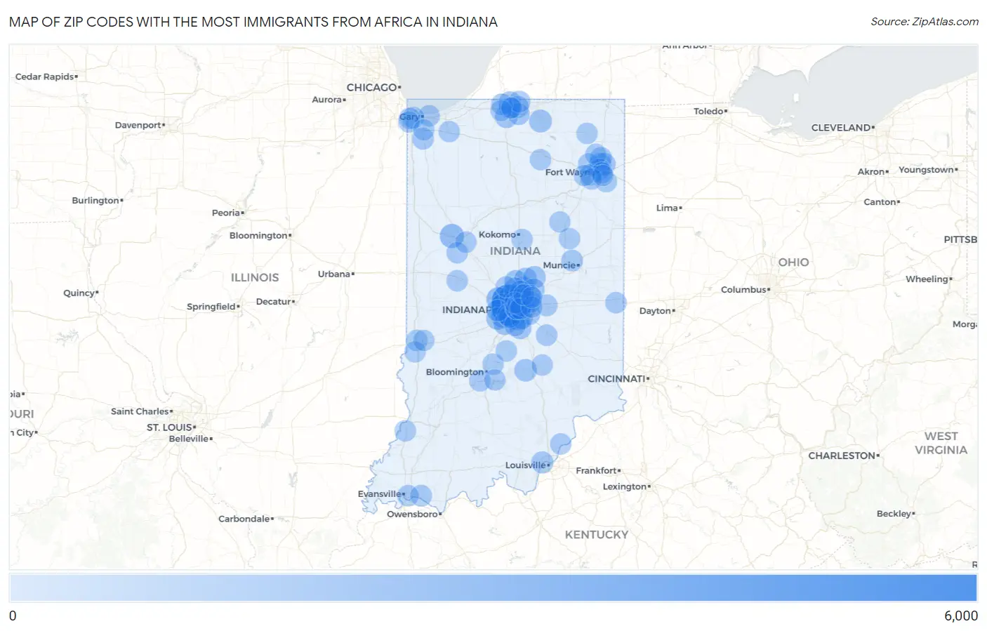 Zip Codes with the Most Immigrants from Africa in Indiana Map
