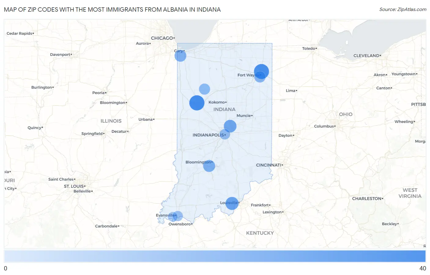 Zip Codes with the Most Immigrants from Albania in Indiana Map