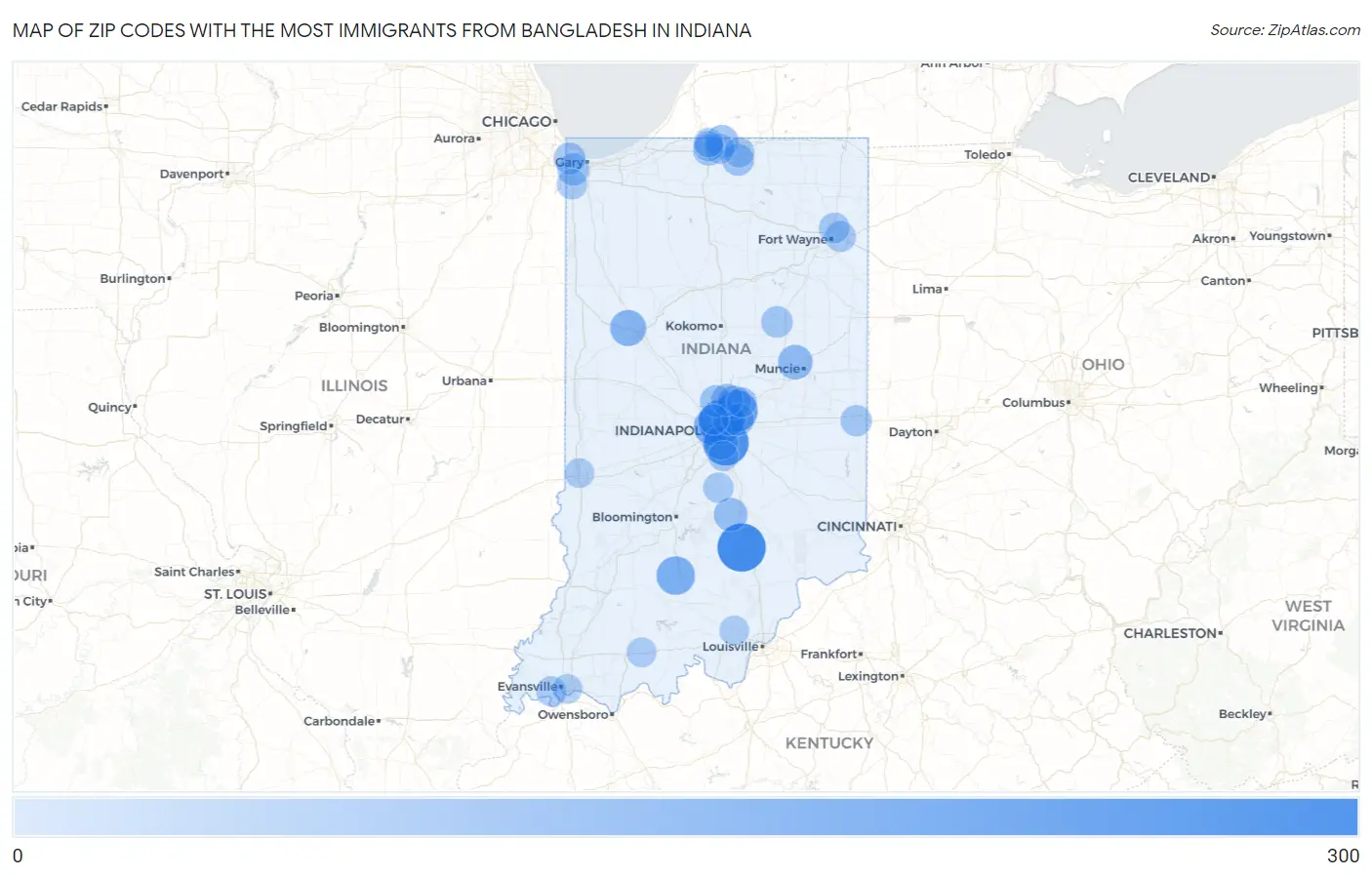 Zip Codes with the Most Immigrants from Bangladesh in Indiana Map