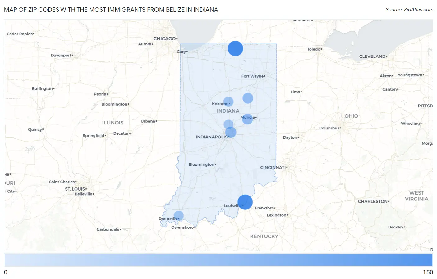 Zip Codes with the Most Immigrants from Belize in Indiana Map