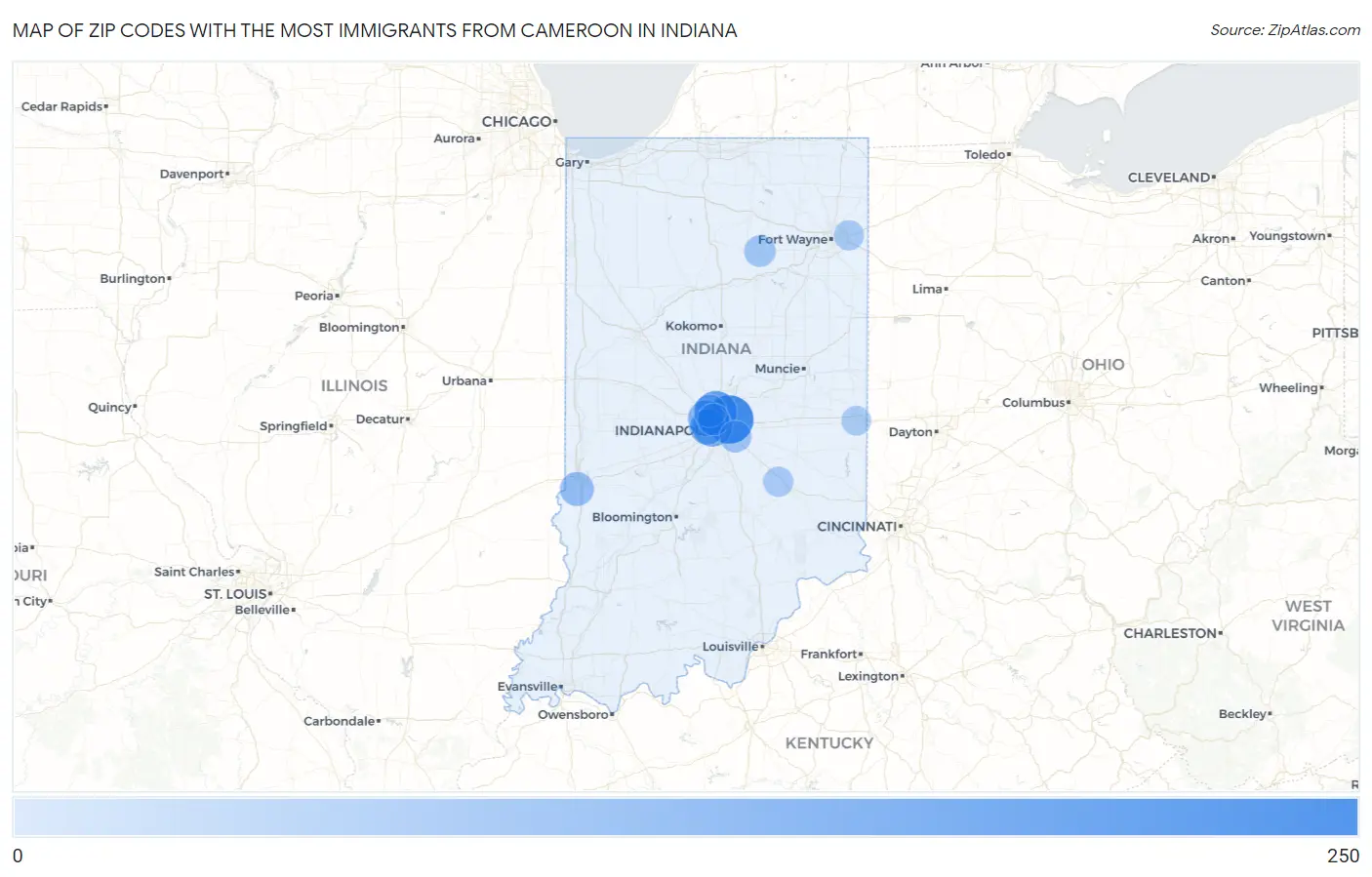 Zip Codes with the Most Immigrants from Cameroon in Indiana Map
