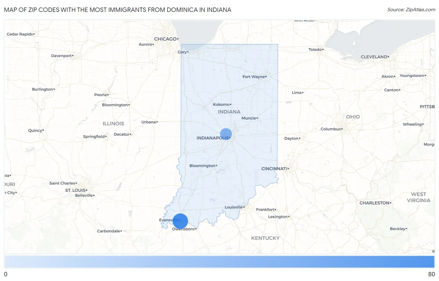 Zip Codes with the Most Immigrants from Dominica in Indiana Map