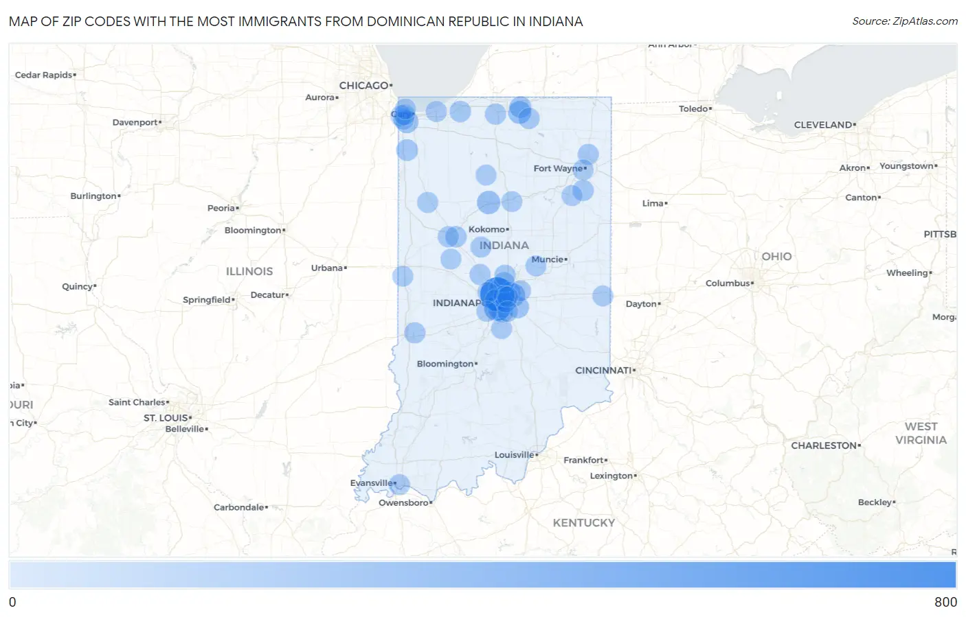Zip Codes with the Most Immigrants from Dominican Republic in Indiana Map