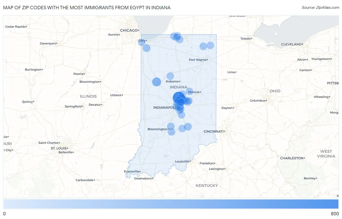 Zip Codes with the Most Immigrants from Egypt in Indiana Map