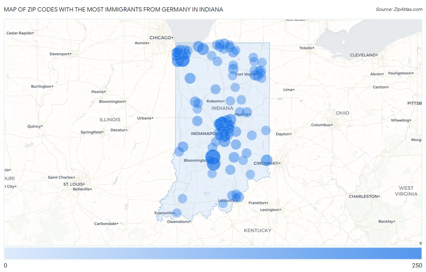 Zip Codes with the Most Immigrants from Germany in Indiana Map