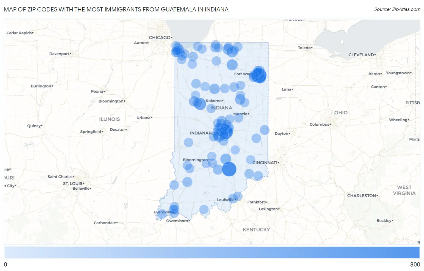 Zip Codes with the Most Immigrants from Guatemala in Indiana Map