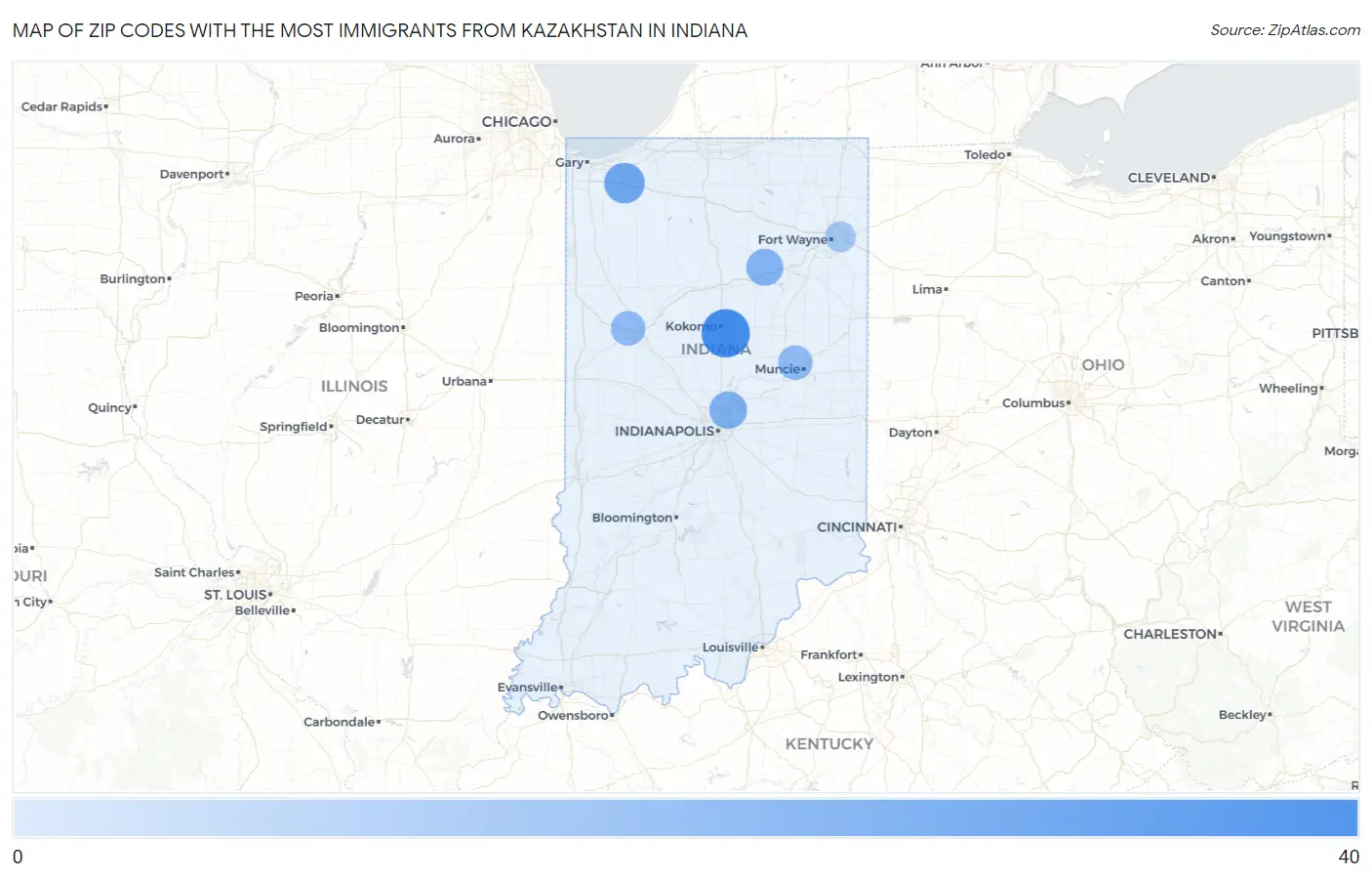 Zip Codes with the Most Immigrants from Kazakhstan in Indiana Map