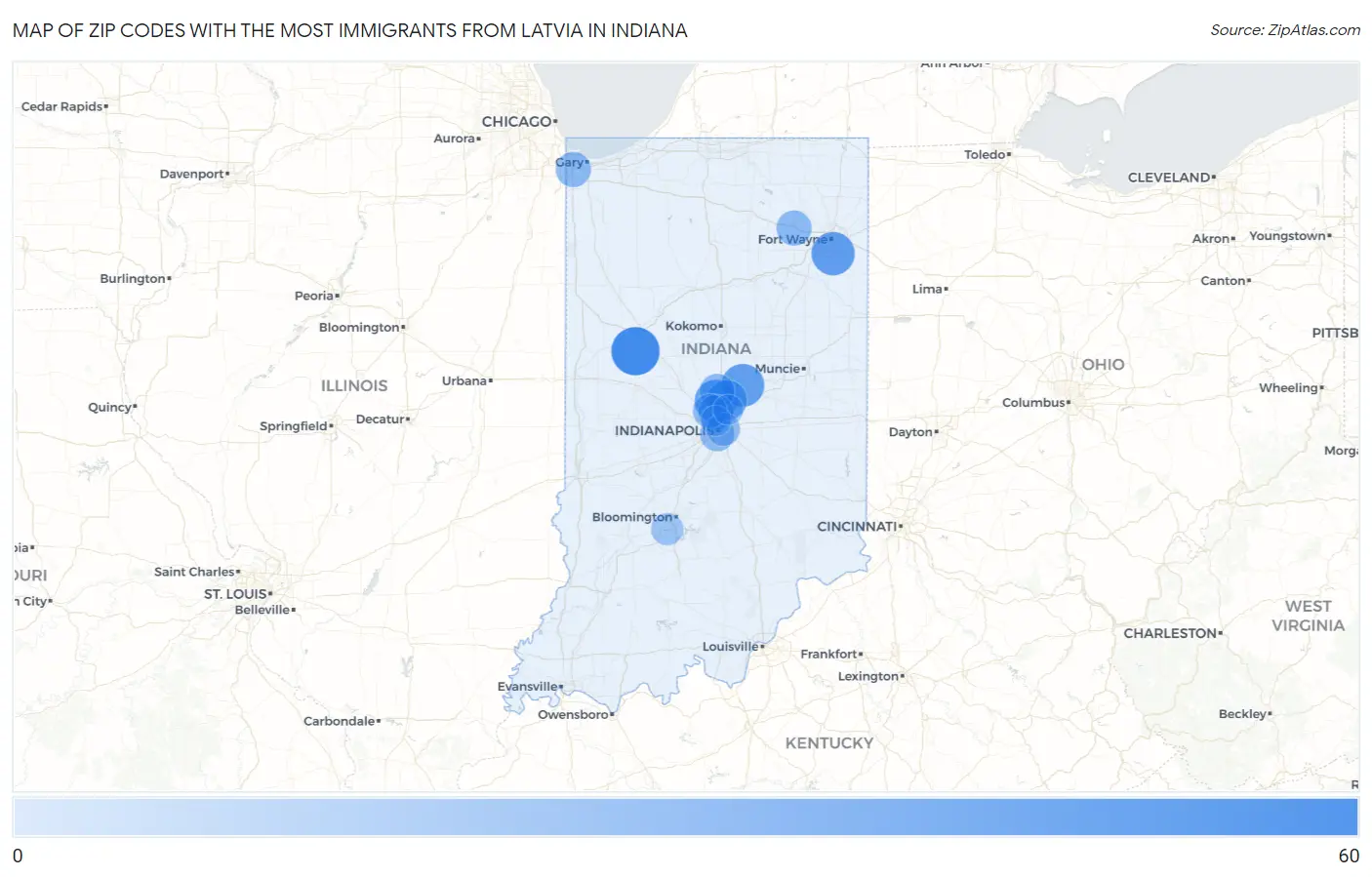 Zip Codes with the Most Immigrants from Latvia in Indiana Map