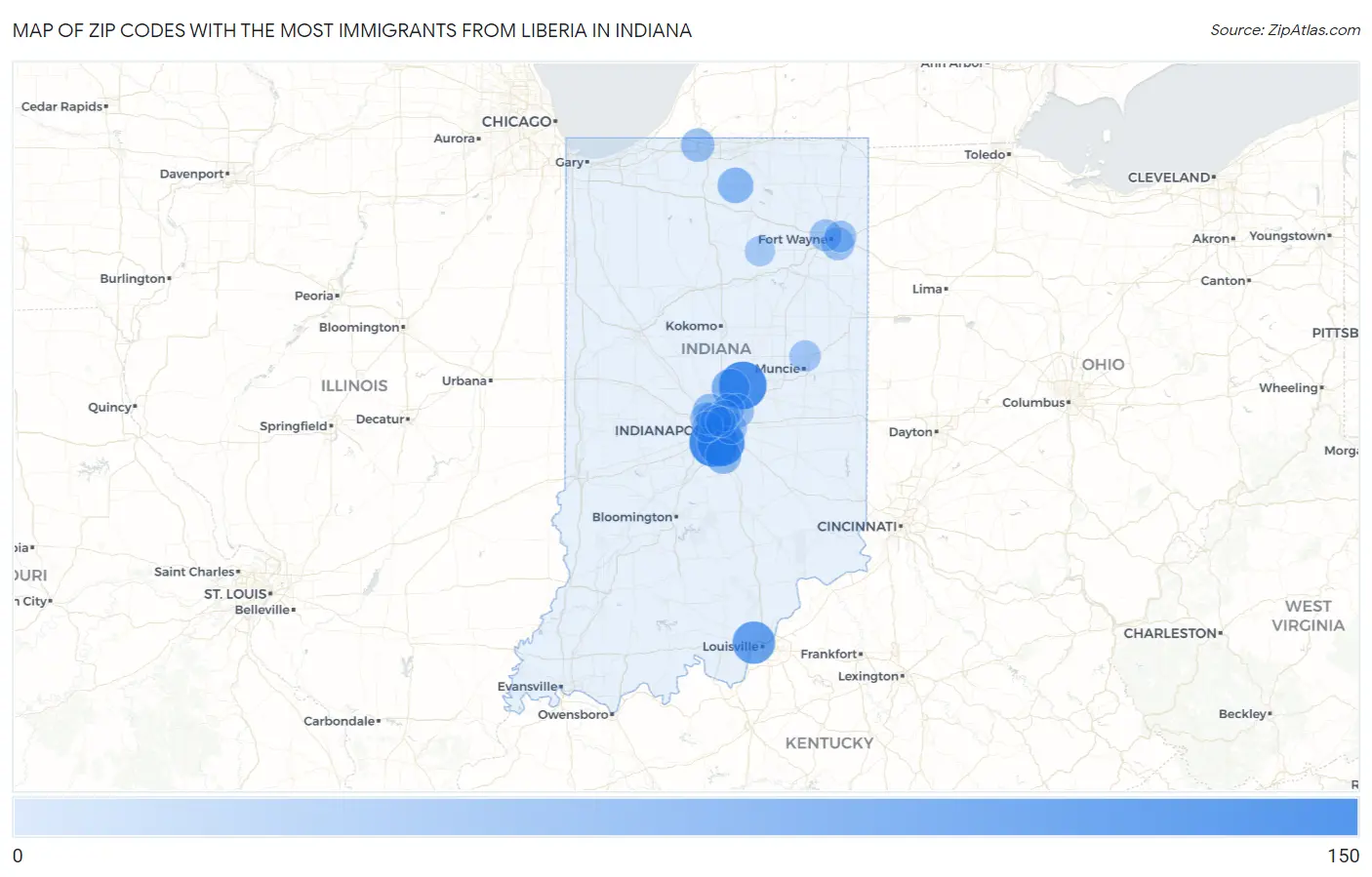 Zip Codes with the Most Immigrants from Liberia in Indiana Map
